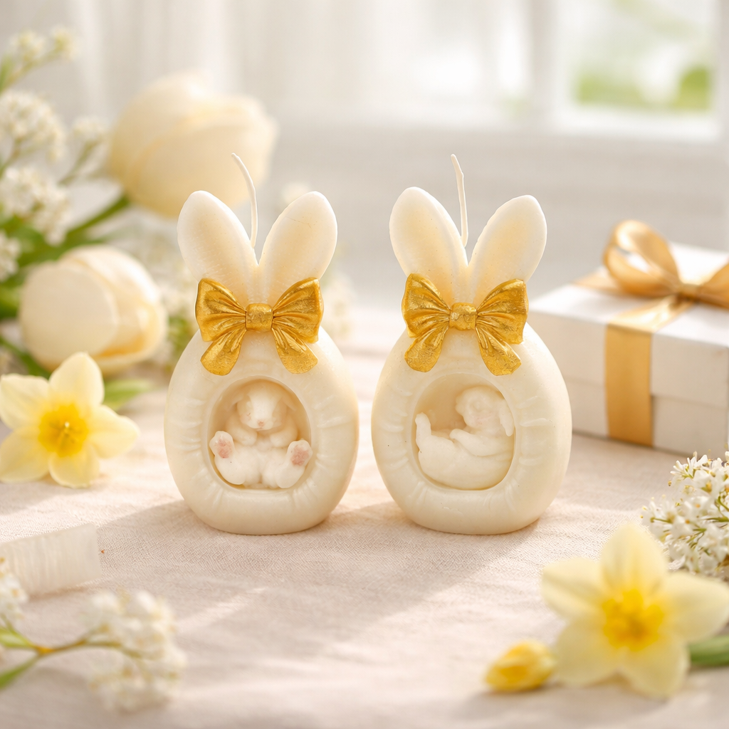 Osterkerzen - Hase mit einer goldenen Schleife - im 2er Set